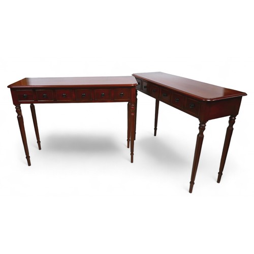 361 - A pair of new Victorian style six drawer side tables on turned legs, 104 by 36 by 76cm high.