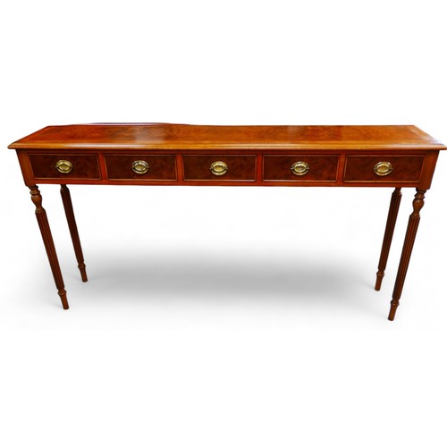 362 - A new walnut five drawer hall table on turned reeded legs, 156 by 32 by 76cm high.