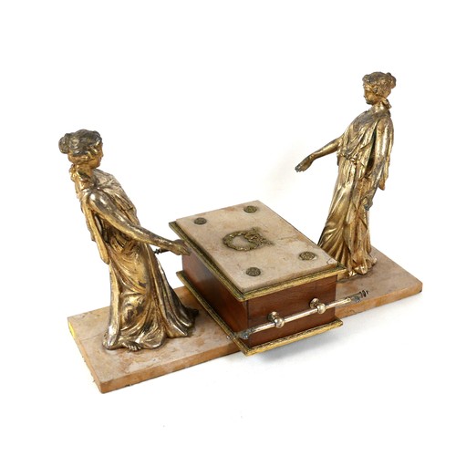 164 - A 19th century French figural jewellery casket, the walnut and marble casket with ormolu mounts woul... 