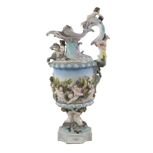 118 - A continental porcelain cherub ewer, 16 by 38cm.