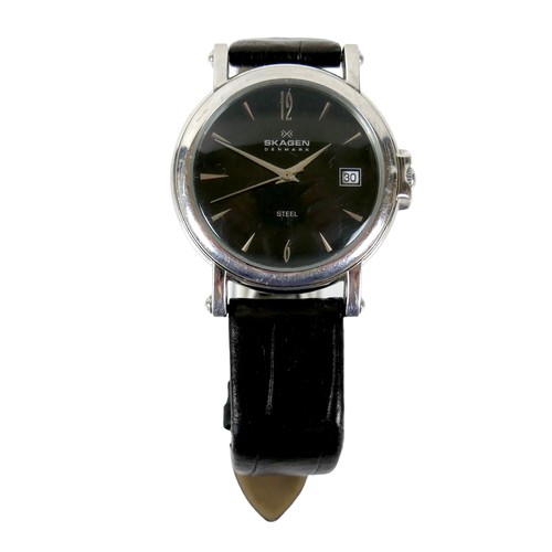 57 - A Skagen steel cased gentleman's wristwatch, model 184SLBD, black dial with silvered numerals, date ... 