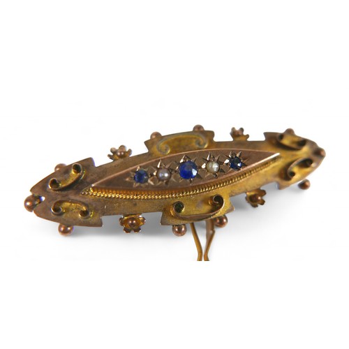 66 - A Victorian 9ct yellow gold brooch, set with sapphires and seed pearls, 42mm wide, 3.6g, together wi... 