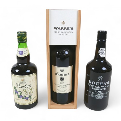 185 - A bottle of Warre's vintage port, 2005, cased, a bottle of Rocha's Special Tawny Reserve port, toget... 