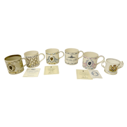 116 - A group of six Royal commemorative mugs, comprising five Wedgwood designed by Richard Guyatt, and on... 