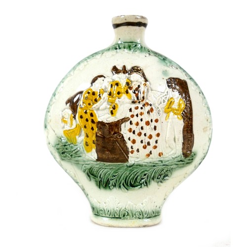 124 - A late 18th century Staffordshire creamware flask, of ovoid form with oval foot and small neck openi... 