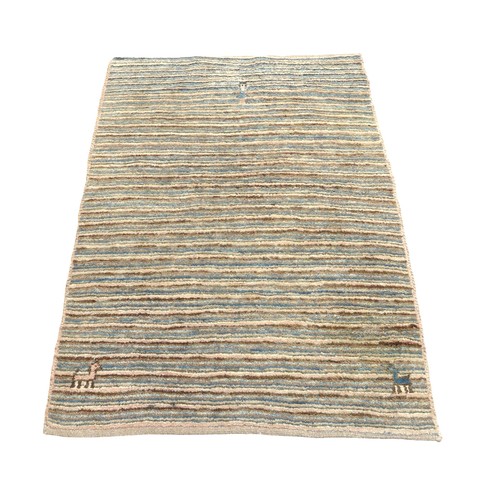 301 - A striped Iranian rug, #3959, 157cm by 107cm, with animal design motif to the corners, in cream, pin... 