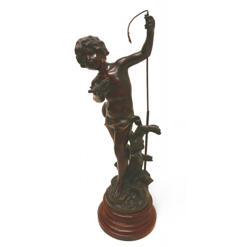 198 - A pair of bronze figures after August Moreau, 'Pecheur' and 'Ruisseau', 15 by 45cm high. (2)