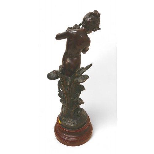 198 - A pair of bronze figures after August Moreau, 'Pecheur' and 'Ruisseau', 15 by 45cm high. (2)