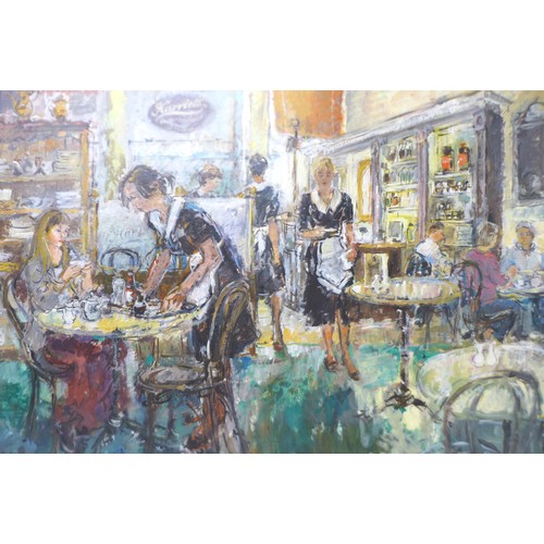 302 - Jonathan Richard Baker (British, 20th century): 'Harriet's Cafe', oil on board, gallery label verso ... 