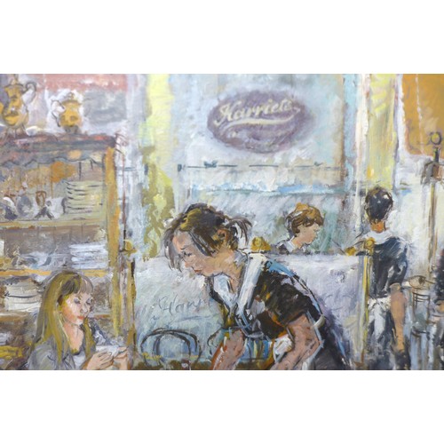 302 - Jonathan Richard Baker (British, 20th century): 'Harriet's Cafe', oil on board, gallery label verso ... 