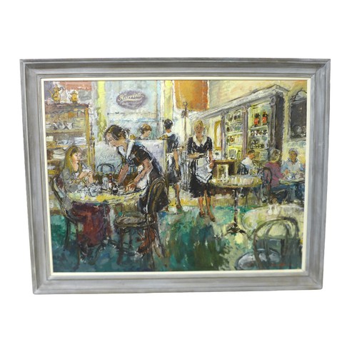 302 - Jonathan Richard Baker (British, 20th century): 'Harriet's Cafe', oil on board, gallery label verso ... 