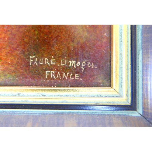 213 - Faure for Limoges France a rectangular enamelled plaque, of a bird on a flowering branch, frame size... 