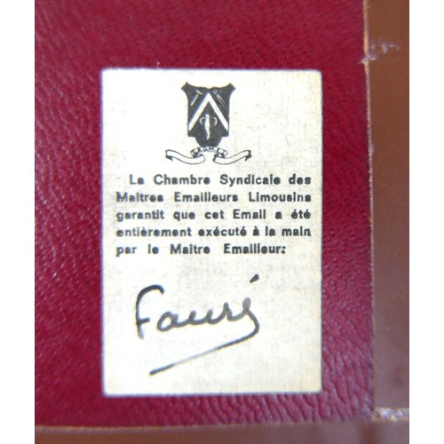 213 - Faure for Limoges France a rectangular enamelled plaque, of a bird on a flowering branch, frame size... 