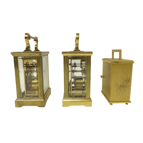 260 - Two brass carriage clocks and an alarm clock, carriage clocks measure 8 by 6 by 15cm high with handl... 