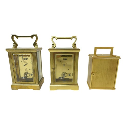 260 - Two brass carriage clocks and an alarm clock, carriage clocks measure 8 by 6 by 15cm high with handl... 