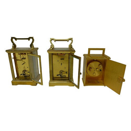 260 - Two brass carriage clocks and an alarm clock, carriage clocks measure 8 by 6 by 15cm high with handl... 