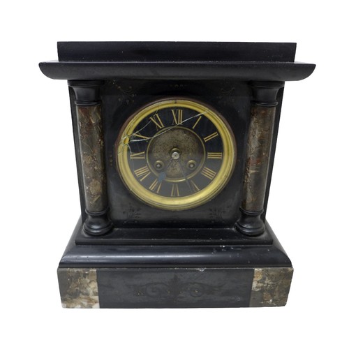 258 - A Victorian slate marble garniture set and a slate mantle clock, largest clock 27 by 17 by 30cm high... 