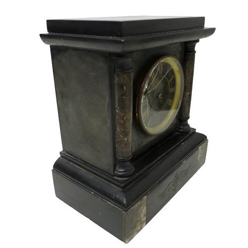 258 - A Victorian slate marble garniture set and a slate mantle clock, largest clock 27 by 17 by 30cm high... 