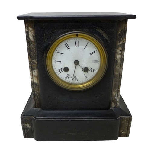 258 - A Victorian slate marble garniture set and a slate mantle clock, largest clock 27 by 17 by 30cm high... 