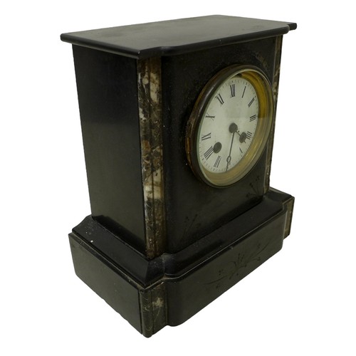 258 - A Victorian slate marble garniture set and a slate mantle clock, largest clock 27 by 17 by 30cm high... 