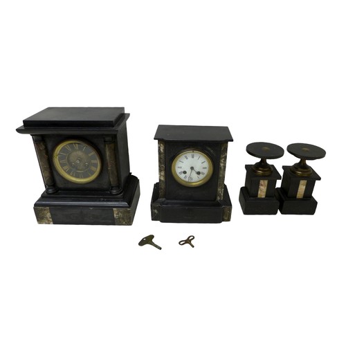 258 - A Victorian slate marble garniture set and a slate mantle clock, largest clock 27 by 17 by 30cm high... 