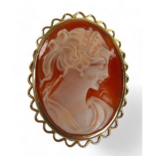 23 - A 9ct yellow gold cameo brooch, a pair of 9ct gold earrings a and a 9ct pendant, weighable gold 3.8g... 