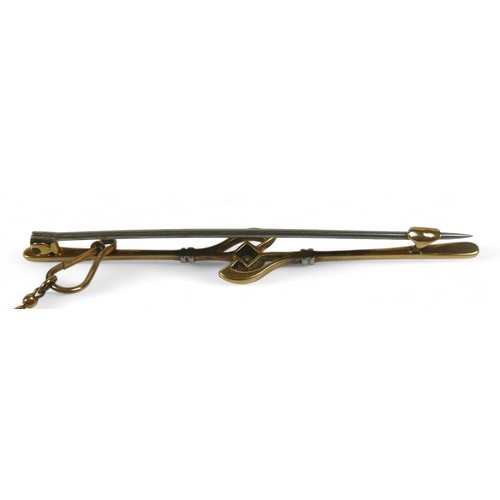 28 - A diamond gilt metal brooch and a gold brooch, diamond brooch surface tests to 9ct, 3.5g, 6cm long, ... 