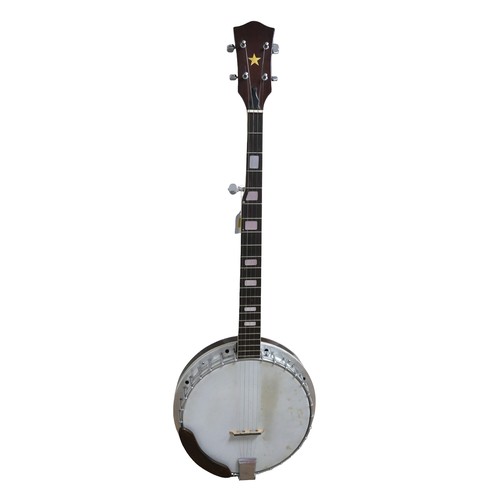 227 - A five-string banjo with golden star emblem, with associated fitted hard case, together with a Harmo... 