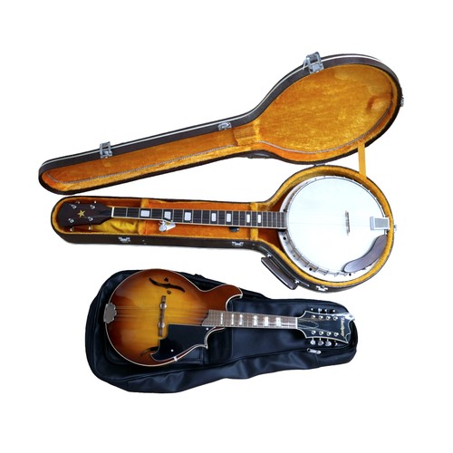 227 - A five-string banjo with golden star emblem, with associated fitted hard case, together with a Harmo... 