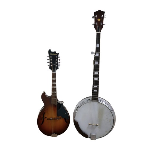 227 - A five-string banjo with golden star emblem, with associated fitted hard case, together with a Harmo... 