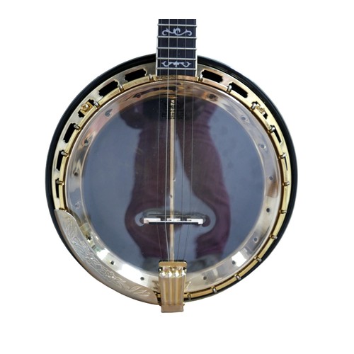 228 - A Ozark five-string banjo, with gilt metal mounts, mother of pearl inlays carved neck, transparent h... 