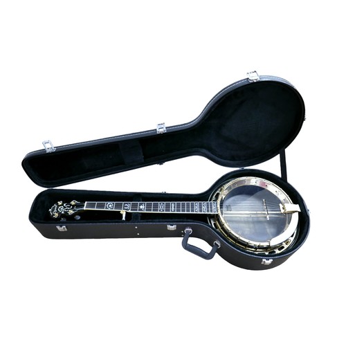 228 - A Ozark five-string banjo, with gilt metal mounts, mother of pearl inlays carved neck, transparent h... 