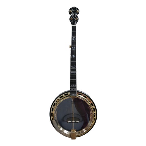 228 - A Ozark five-string banjo, with gilt metal mounts, mother of pearl inlays carved neck, transparent h... 