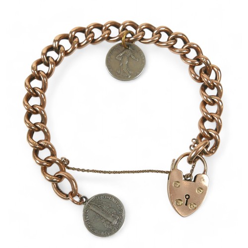 61 - A 9ct gold chain bracelet with padlock clasp, attached with a WWI silver related French coin and US ... 