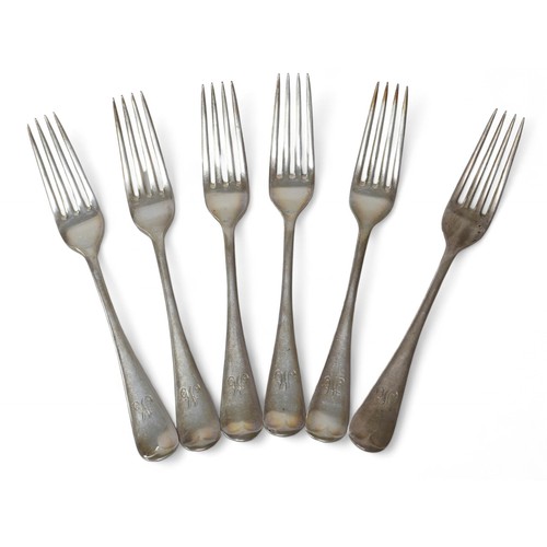 73 - Six George V silver dessert forks, initialled 'M' to each terminal, John Round & Son Ltd. Sheffield ... 