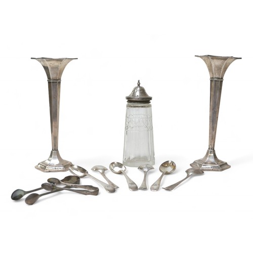 70 - A collection of Edwardian and later silver, including a pair of spill vases (without weighted bases)... 