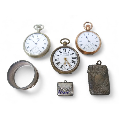 130 - Three pocket watches, including a gold plated top wind watch, and a small group of silver, 1.3toz of... 