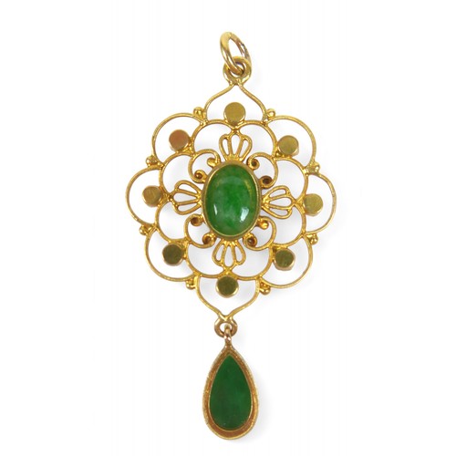 5 - An 18ct gold jade and pearl pendant, the central oval jade stone 7 by 10mm, tear drop shaped jade, 6... 