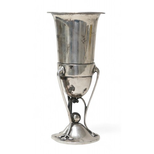 82 - An Arts & Crafts silver vase, with three organic form supports with trefoil terminals, raised upon a... 