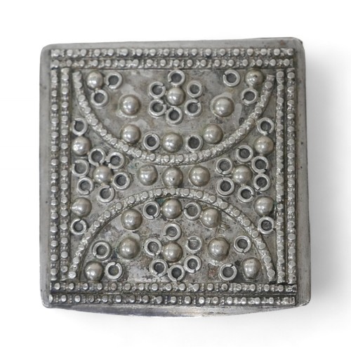 69 - A silver case, decorated with tribal designs, stamped 800, 3.6toz, 7.3 by 7.5 by 1cm.