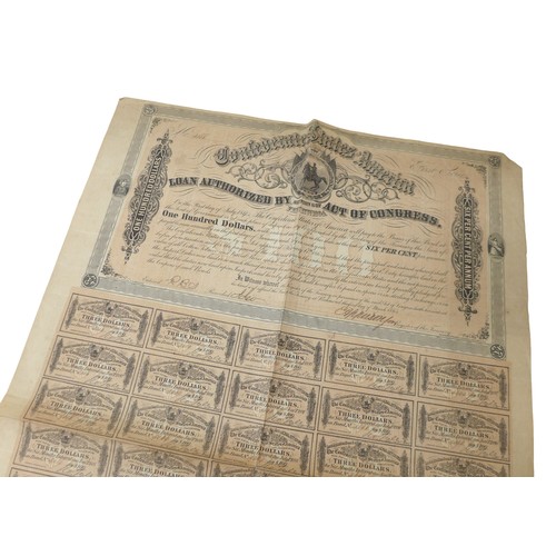 224 - Bond - Confederate States of America - Confederate $100 Bonds, with fifty seven coupons, July 1866 t... 