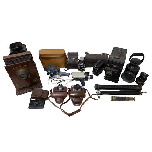 251 - Collection of cameras, cine camera, and a collection of brass and copper items including copper scal... 