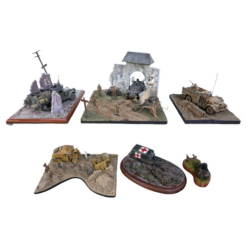 238 - Six hand painted WWII themed dioramas, all Tamiya models, largest a British Howitzer and vehicle, 32... 