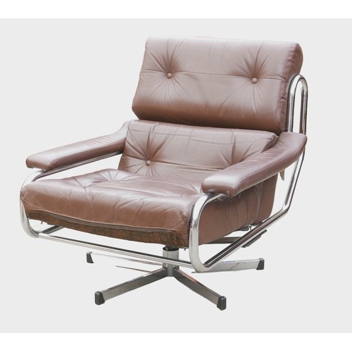 353 - Two Pieff chrome and brown leather chairs, mid 20th Century Pieff 'Alpha' swivel office chair with b... 