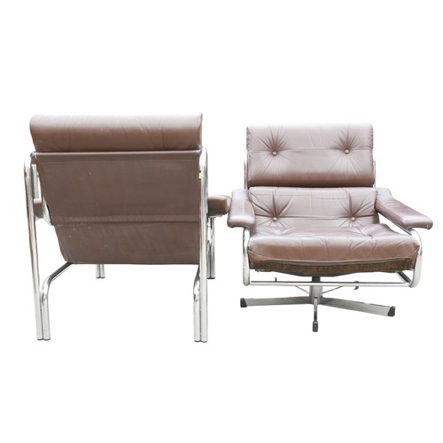 353 - Two Pieff chrome and brown leather chairs, mid 20th Century Pieff 'Alpha' swivel office chair with b... 