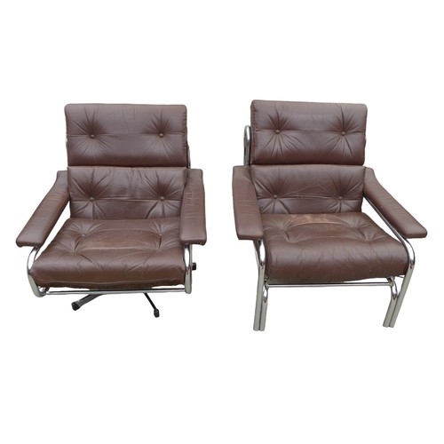 353 - Two Pieff chrome and brown leather chairs, mid 20th Century Pieff 'Alpha' swivel office chair with b... 