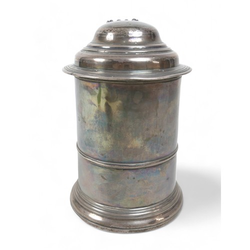 85 - A George II silver lidded tankard, domed cover, scroll thumbpiece, skirted base, engraved to handle,... 