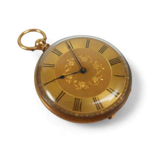 154 - An 18ct yellow gold pocket watch, gilt open face, 40mm case, base metal dust cover, 46.5g.