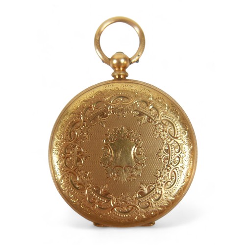 154 - An 18ct yellow gold pocket watch, gilt open face, 40mm case, base metal dust cover, 46.5g.