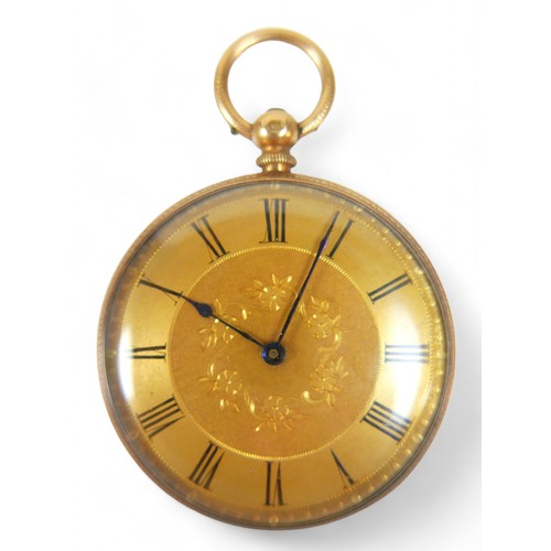 154 - An 18ct yellow gold pocket watch, gilt open face, 40mm case, base metal dust cover, 46.5g.